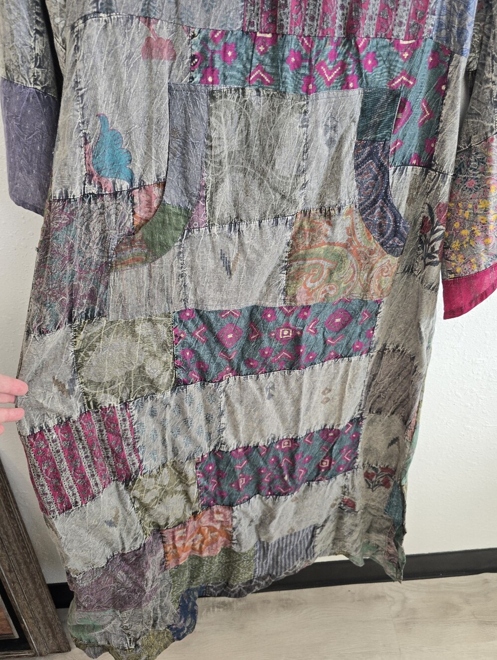 Earthbound Patchwork Maxi Dress in Gray with Jewel Tones Quilted Sz Small - Picture 6 of 10